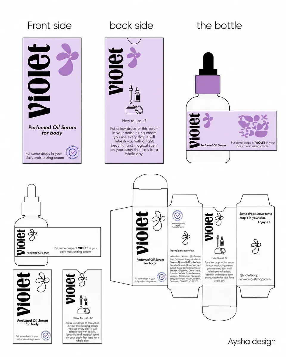 Línea de envases lila con la identidad Violet, con frente, reverso y frasco